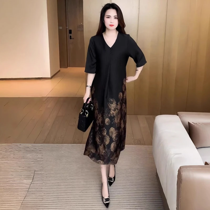 拉夏贝尔时尚碎花连衣裙女2025夏季气质新款宽松遮肉百搭中长裙子