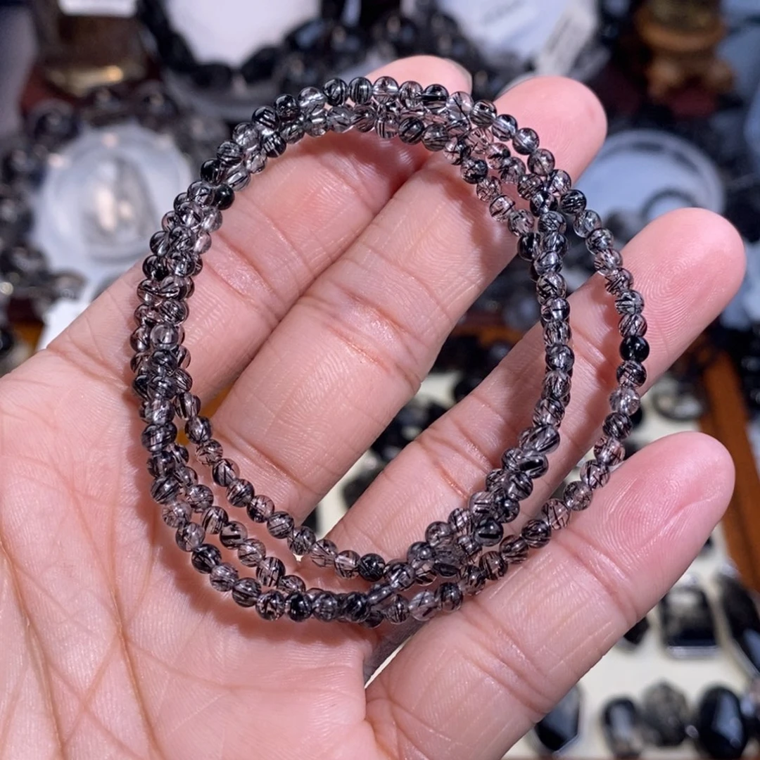 水晶手链未镶嵌黑发晶三圈3mm全透体满发蕾丝