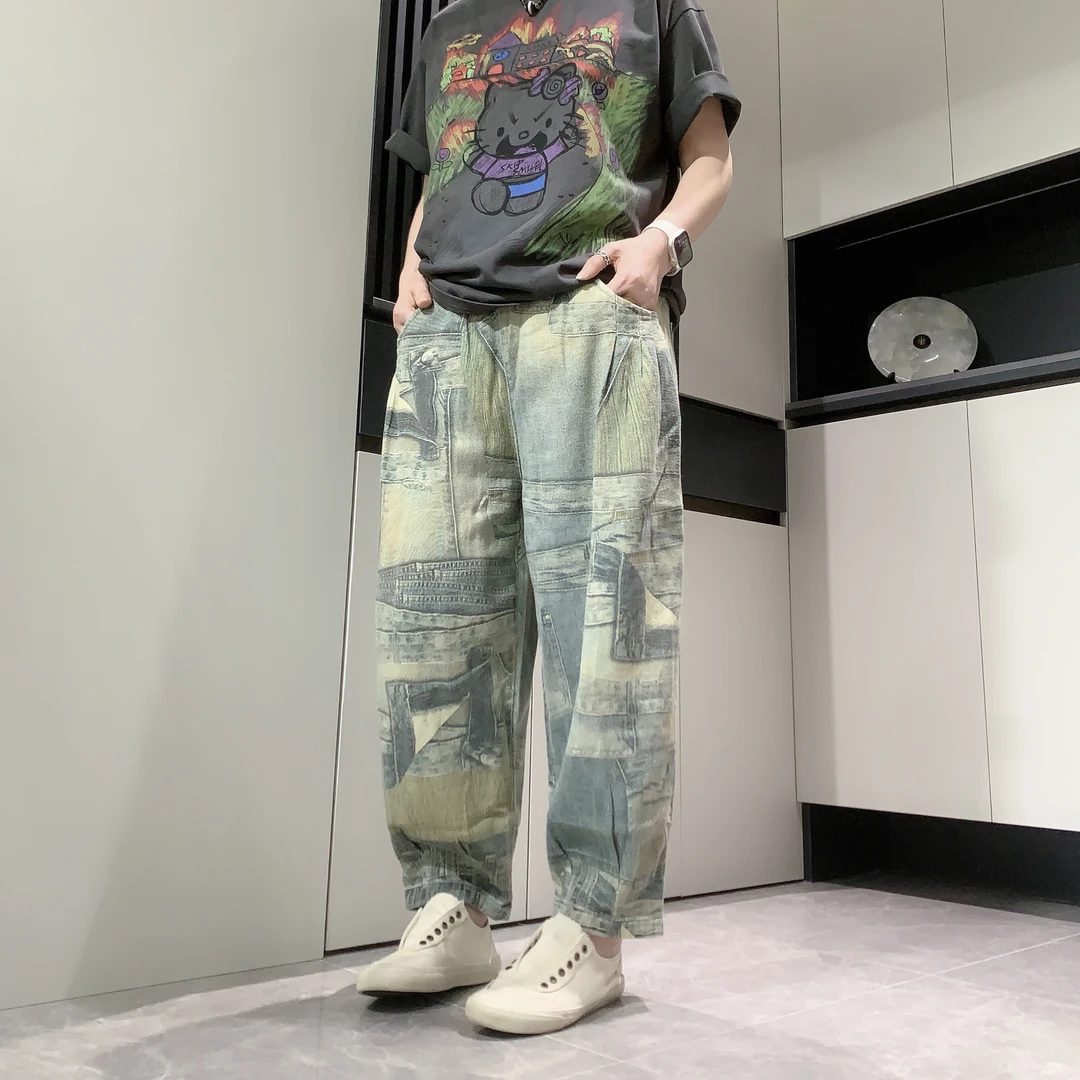 【六哥原创】设计款潮流宽松夏季薄款复古港风休闲牛仔哈伦裤6857