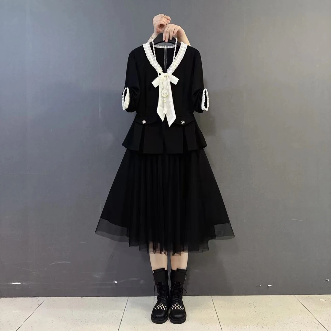 大码早秋新款法式V领系带撞色长袖外套吊带网纱拼接连衣裙两件套