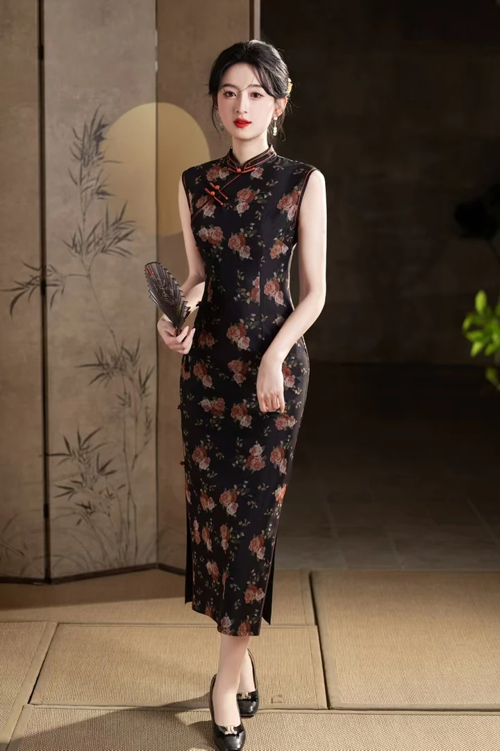 （玫瑰）高个子125长弹力网纱侧八扣旗袍港风老上海复古修身