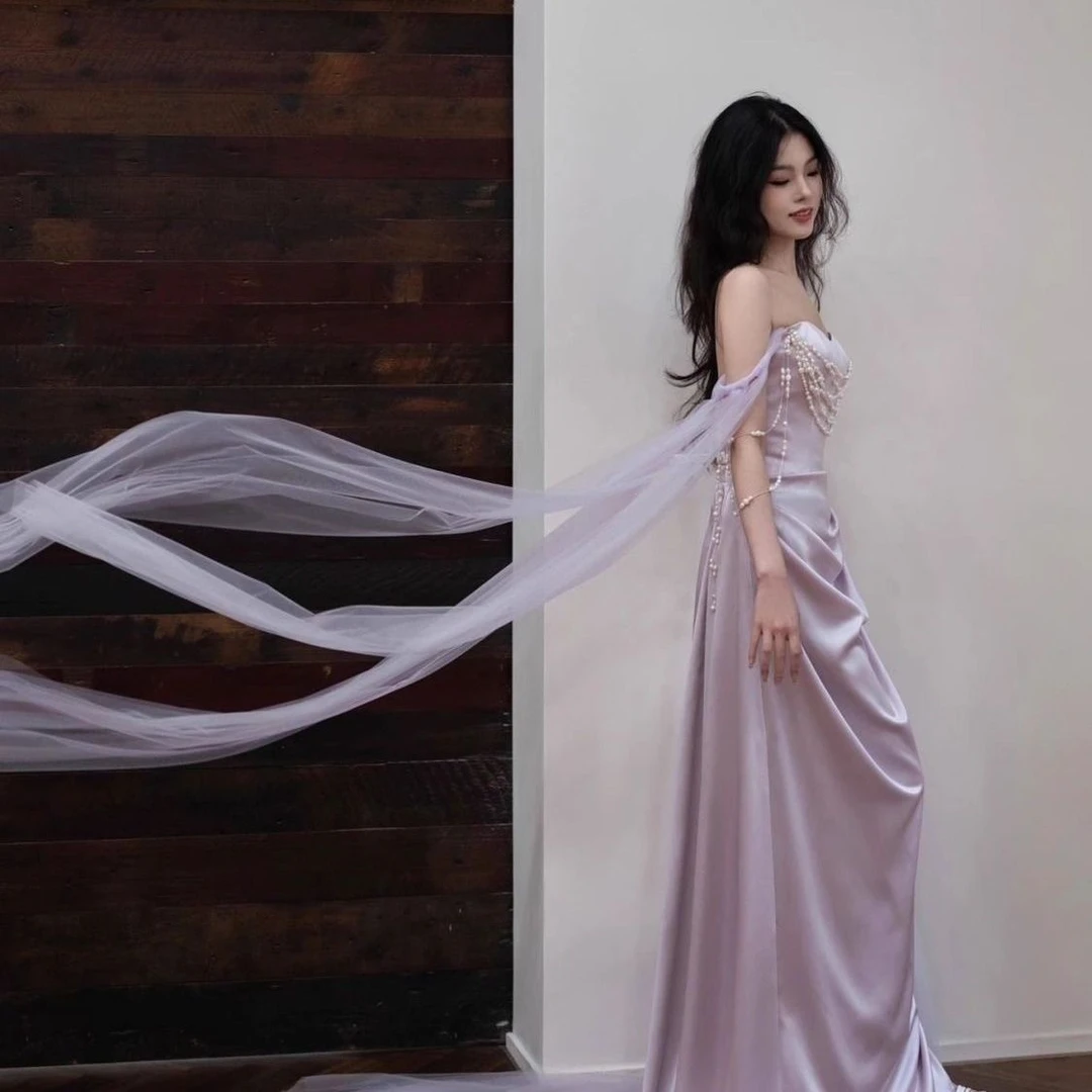 法式鱼尾连衣裙敬酒服新娘结婚订婚礼服高一字肩小众轻婚纱晨袍女