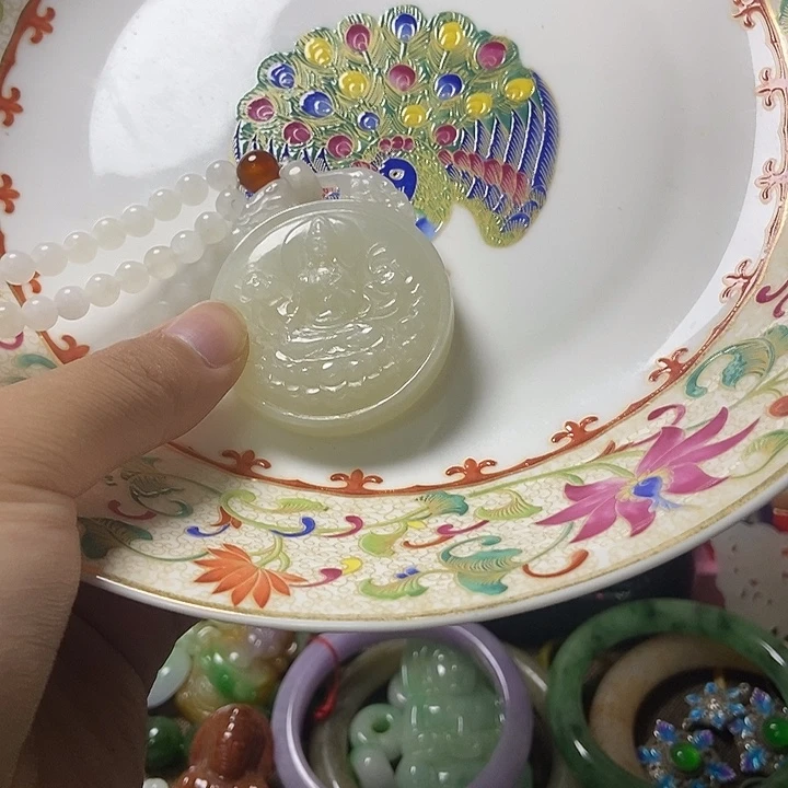 官***若瓷片瓷盘和田玉镯心料观音