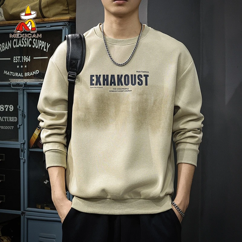 Mexican/稻草人秋季渐变长袖T恤男士美式复古印花休闲圆领卫衣潮t