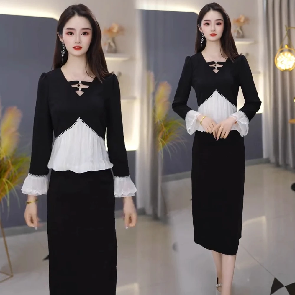 时尚长袖套装裙女2025秋季新款洋气质优雅休闲显瘦蕾丝开叉两件套