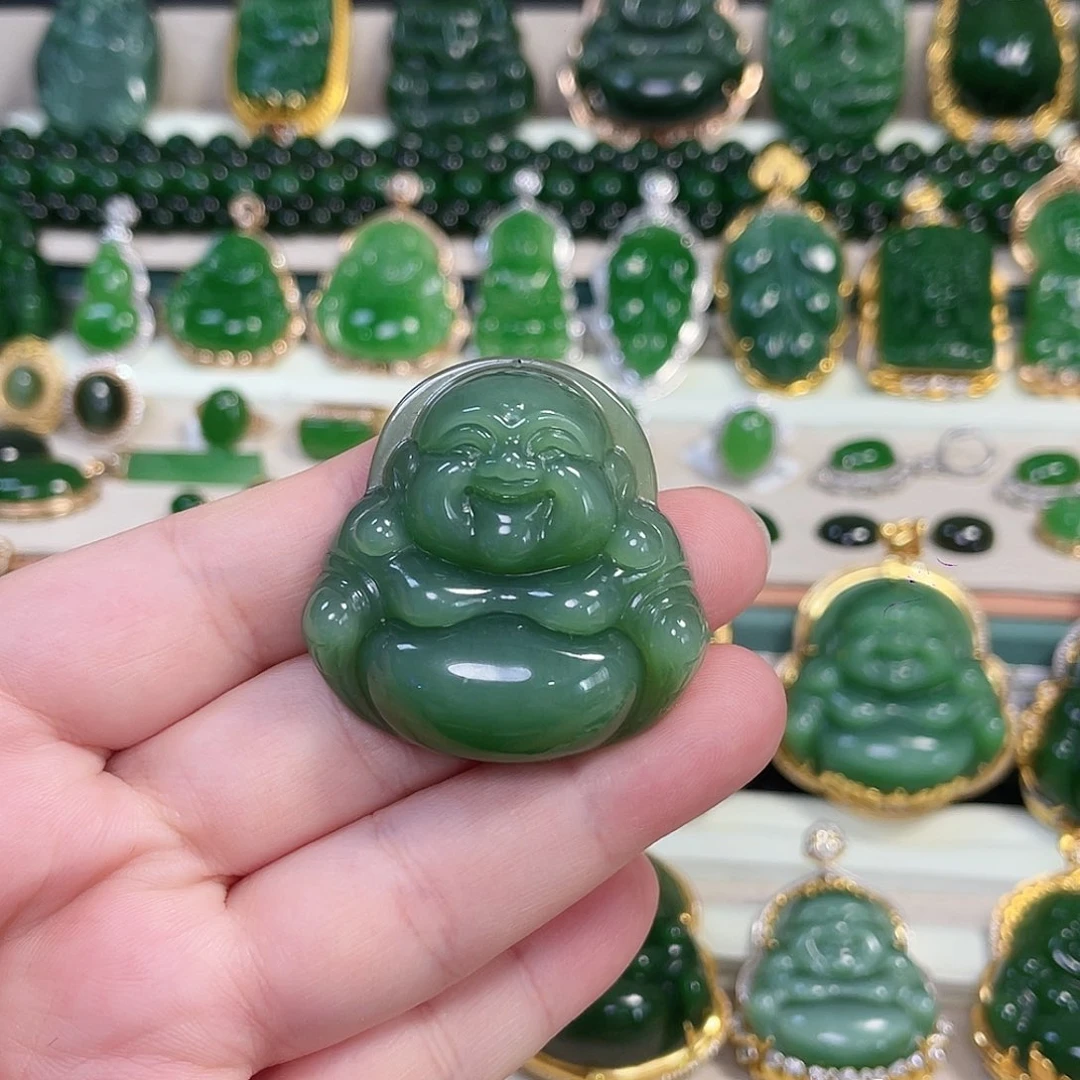 和田玉（碧玉）未镶嵌颈饰粉绿佛公40mm