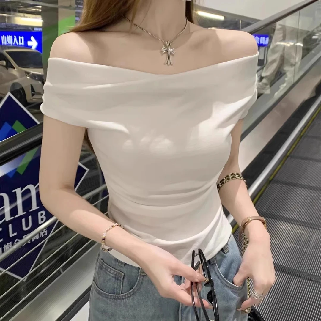 2025初夏穿搭新款荡领露肩短袖t恤女独特漂亮超好看小衫短款上衣