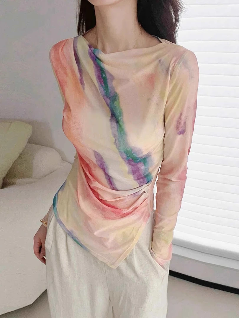 网纱渐变上衣晕染轻薄透气春夏长袖荡领遮肉套头衫弹力不规则防晒