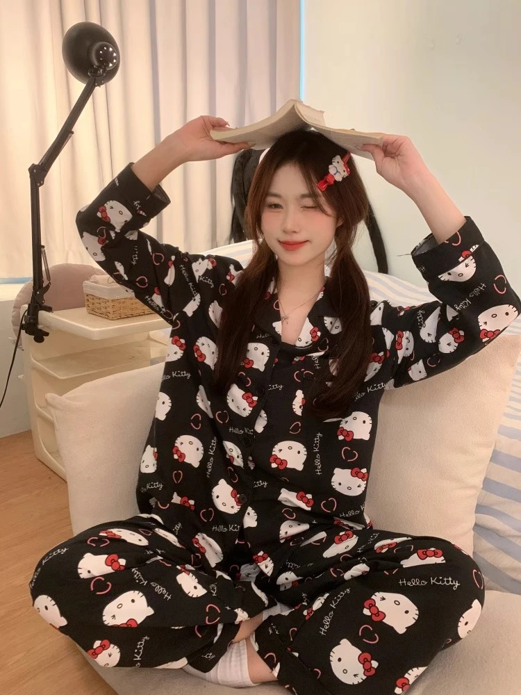 大码可爱风卡通hellokitty印花睡衣女春秋款高级感开衫家居服套装