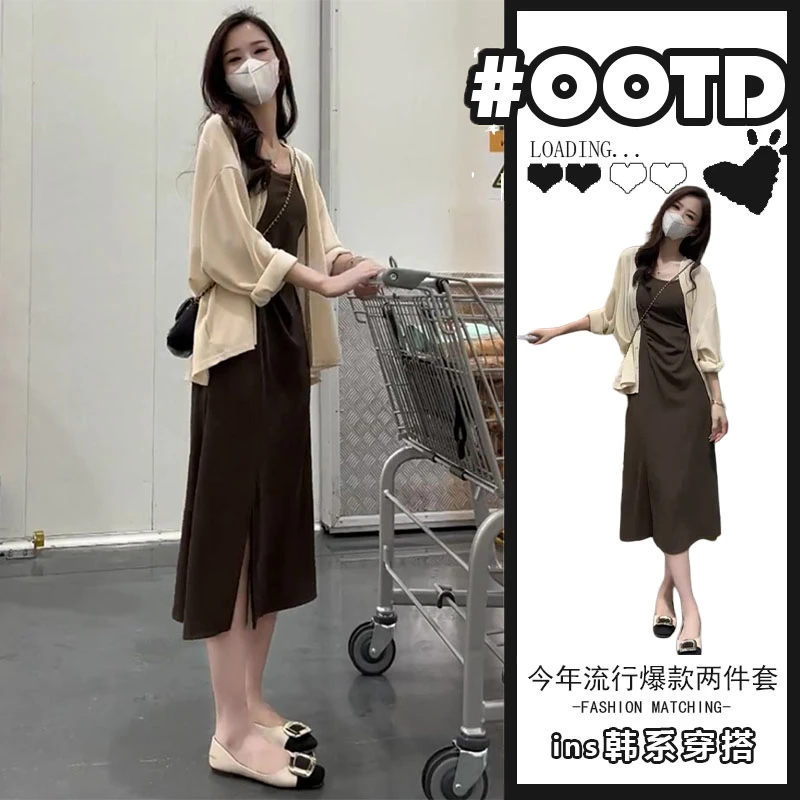 夏季盐系穿搭一整套减龄气质女神范法式雪纺防晒衬衫连衣裙两件套