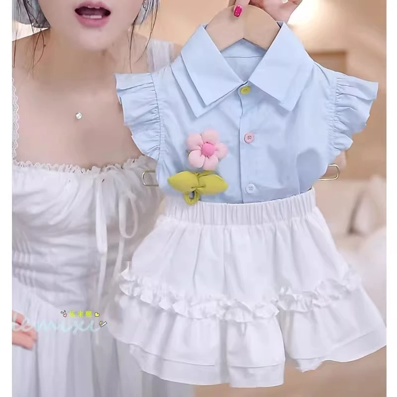 女童小飞袖衬衫半身裙套装2025夏款小女孩太阳花甜美短裙短袖裙裤