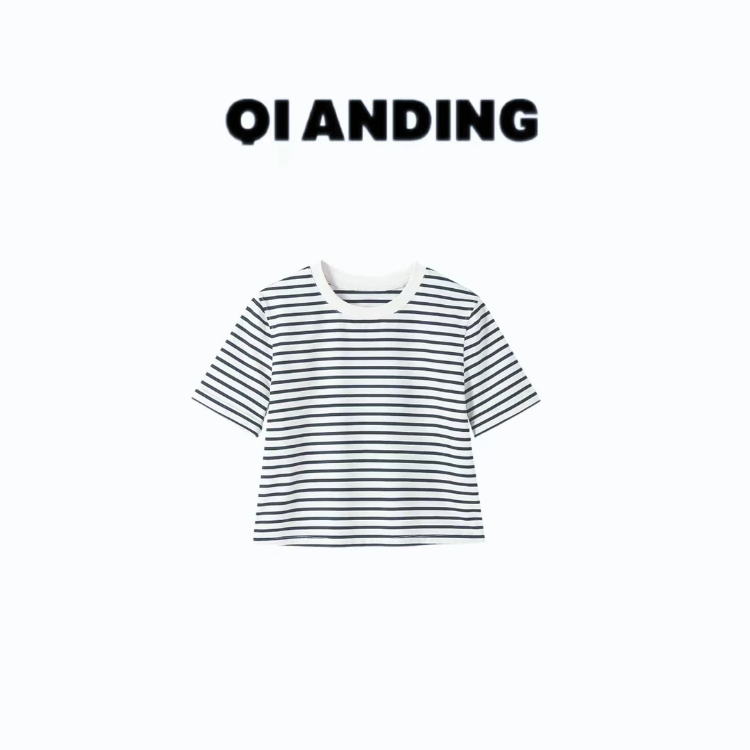 【QIANDING】2025新款正肩条纹设计感显瘦短袖T恤25504