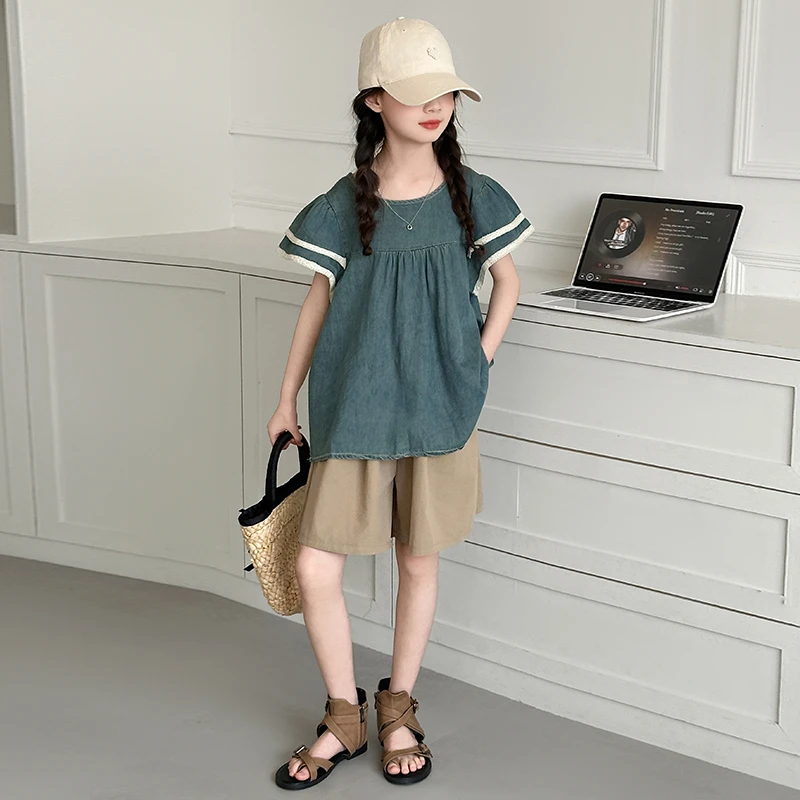 女童夏季韩版牛仔娃娃衫短裤套装2025新款中大童女孩洋气儿童夏装