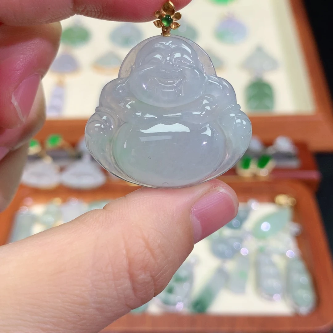 翡翠18K金镶嵌颈饰天然翡翠吊坠a货