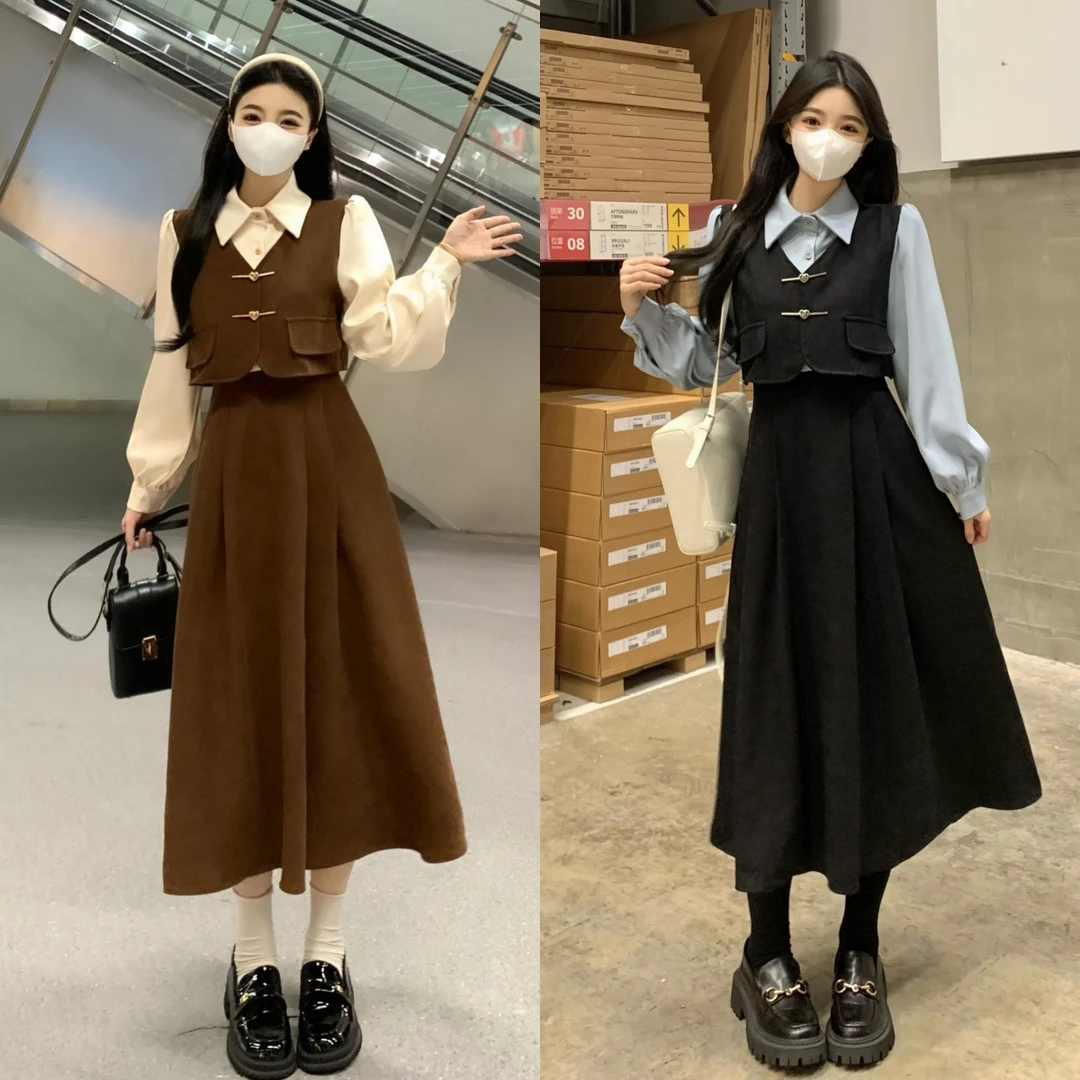 实拍 2025秋冬新款法式复古拼接学院风假两件磨毛灯芯绒连衣裙