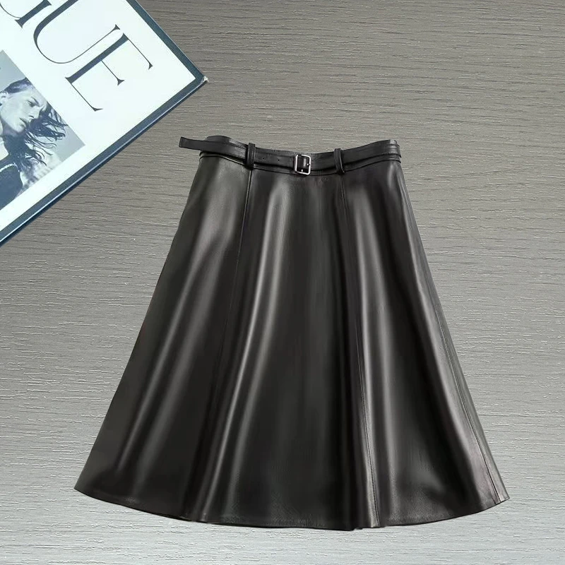 海宁真皮半身裙女高腰显瘦中长款伞裙绵羊皮通勤纯色皮裙