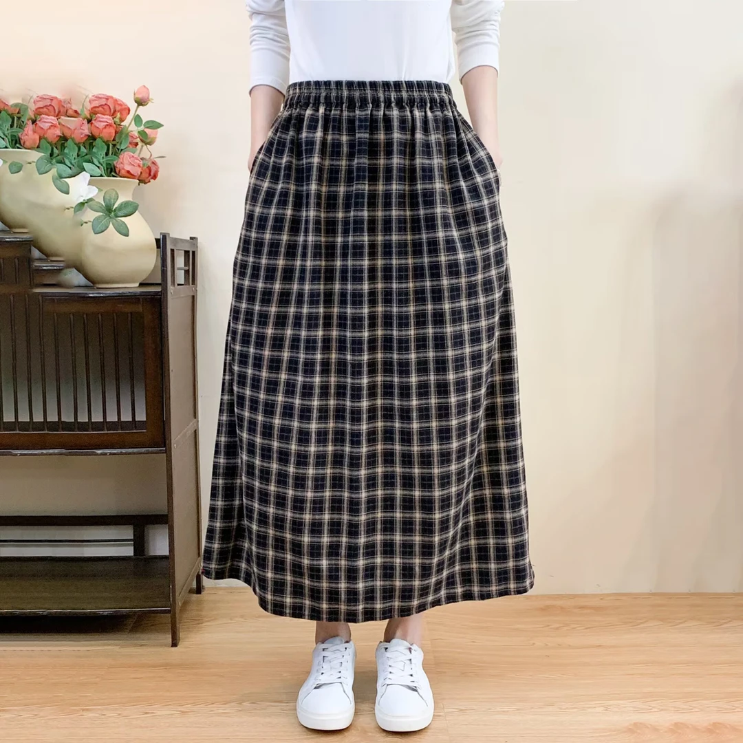 格子长款加厚半身裙2025秋季女装新款休闲百搭A字长裙子10032