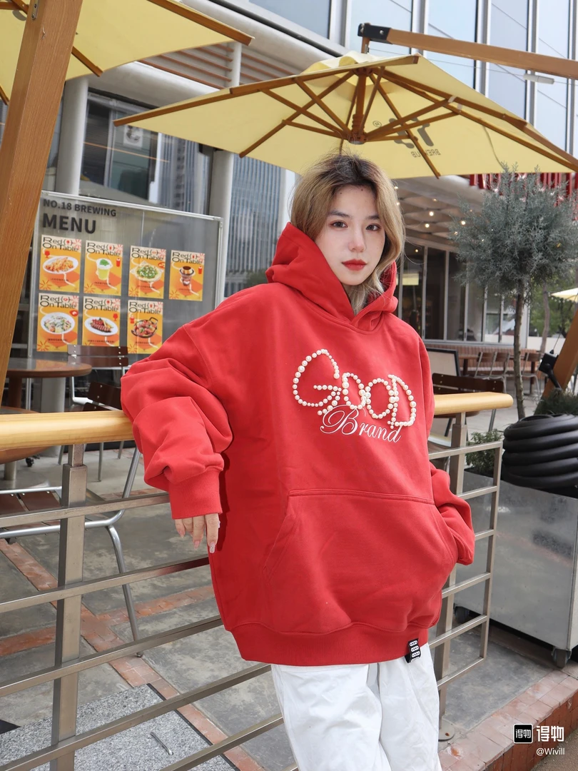 【 新年限定】GOODBRAND红色珍珠标语GOOD高级感连帽卫衣轻奢时尚