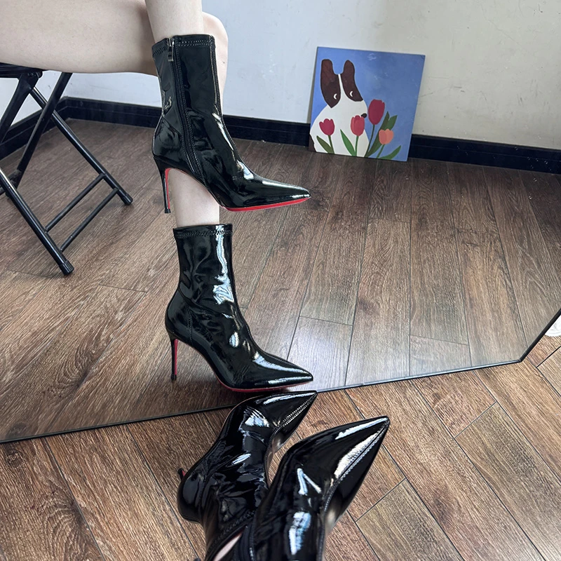 红底高跟鞋女2025秋冬新款侧拉链黑色加绒短靴细跟10cm尖头中筒靴