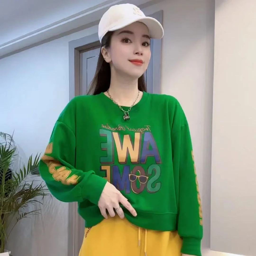 《原创》#9201新款春秋百搭拼接宽松时尚洋气休闲袖子印花圆领卫衣