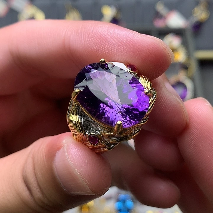 戒指水晶银S925镀金镶嵌