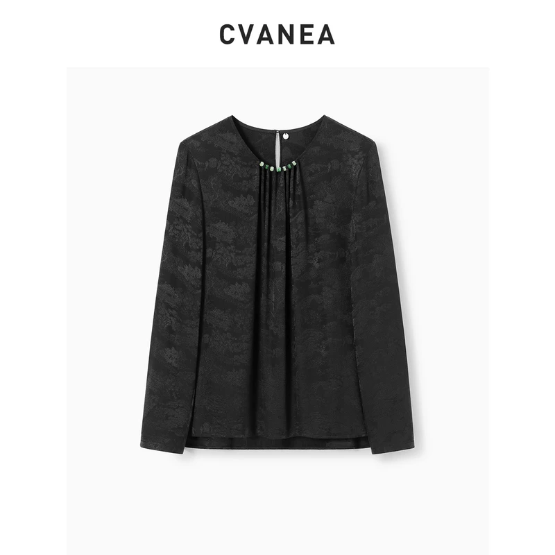 CV ' 高级定制轻奢女装 19姆米国风提花真丝缎中式玉石直筒衬衫