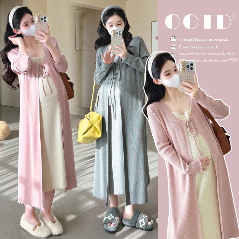 孕妇装2025秋冬新甜美假两件蕾丝拼接针织设计感撞色系带连衣裙