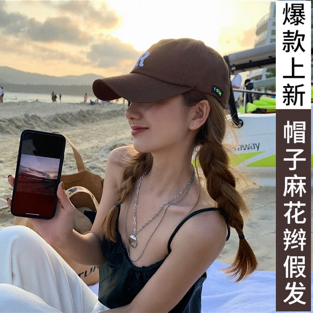 帽子假发一体式R标鸭舌帽麻花辫时尚修脸仿真百搭甜酷辣妹假发帽