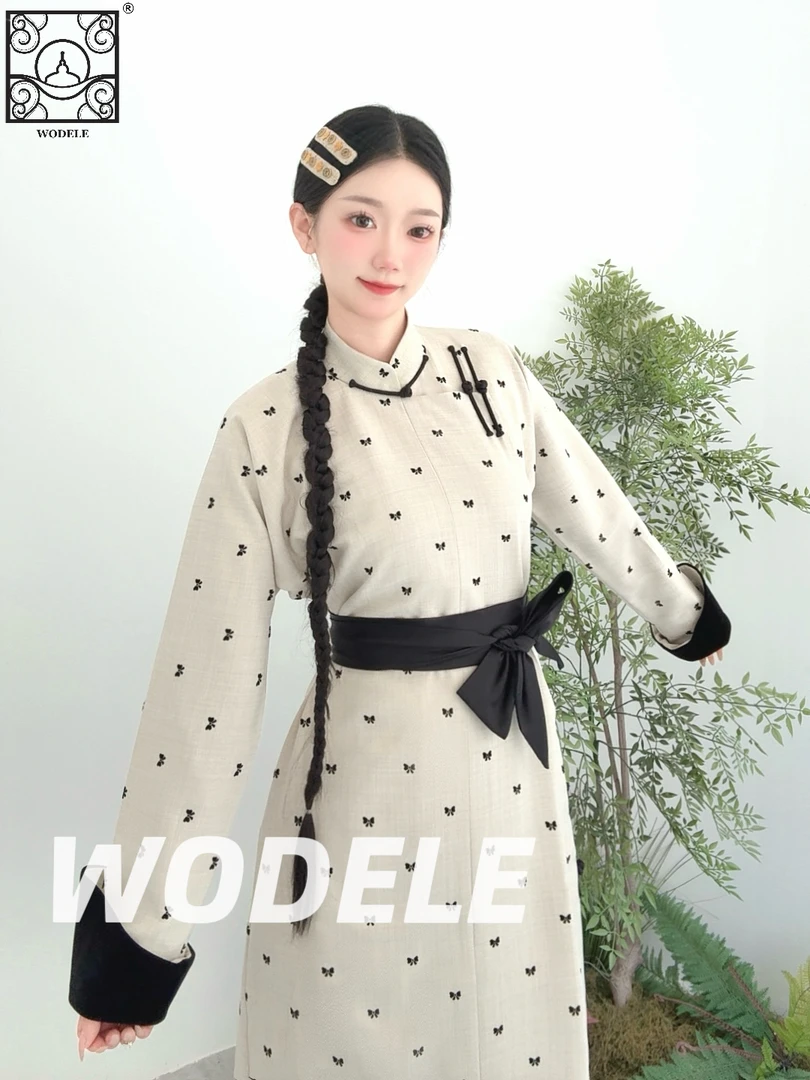[WODELE]沃德勒原创少女新款蒙古元素印花碎花长款民族风蒙古袍