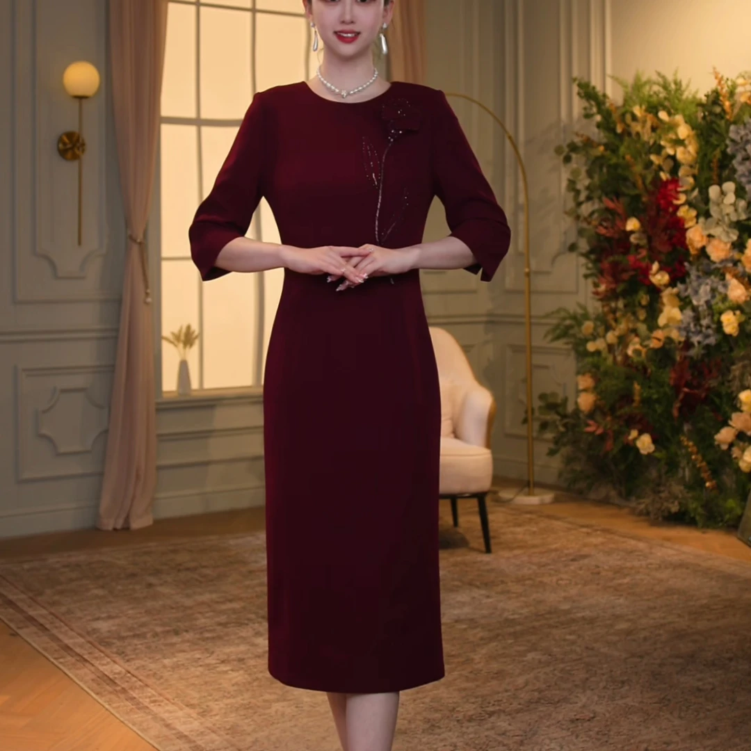 【香妮芬】83522新款2025酒红显瘦女装连衣裙长袖长裙喜妈妈喜婆婆