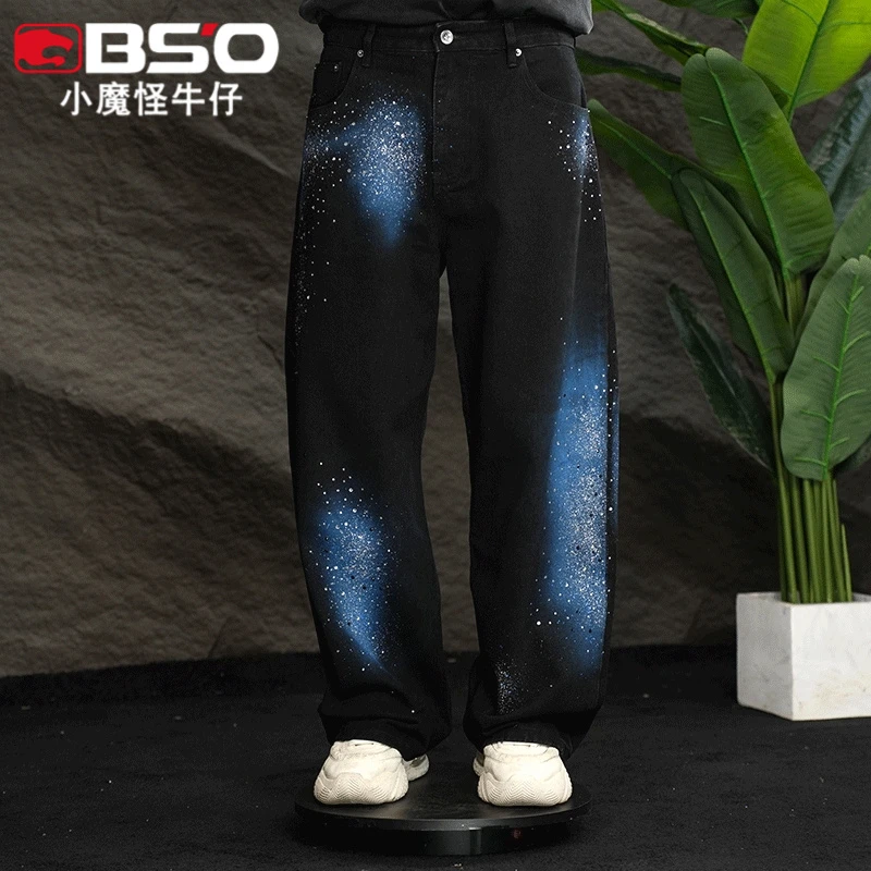 小魔怪美式高街银河黑烫钻牛仔裤男款潮牌宽松直筒百搭星空裤子男