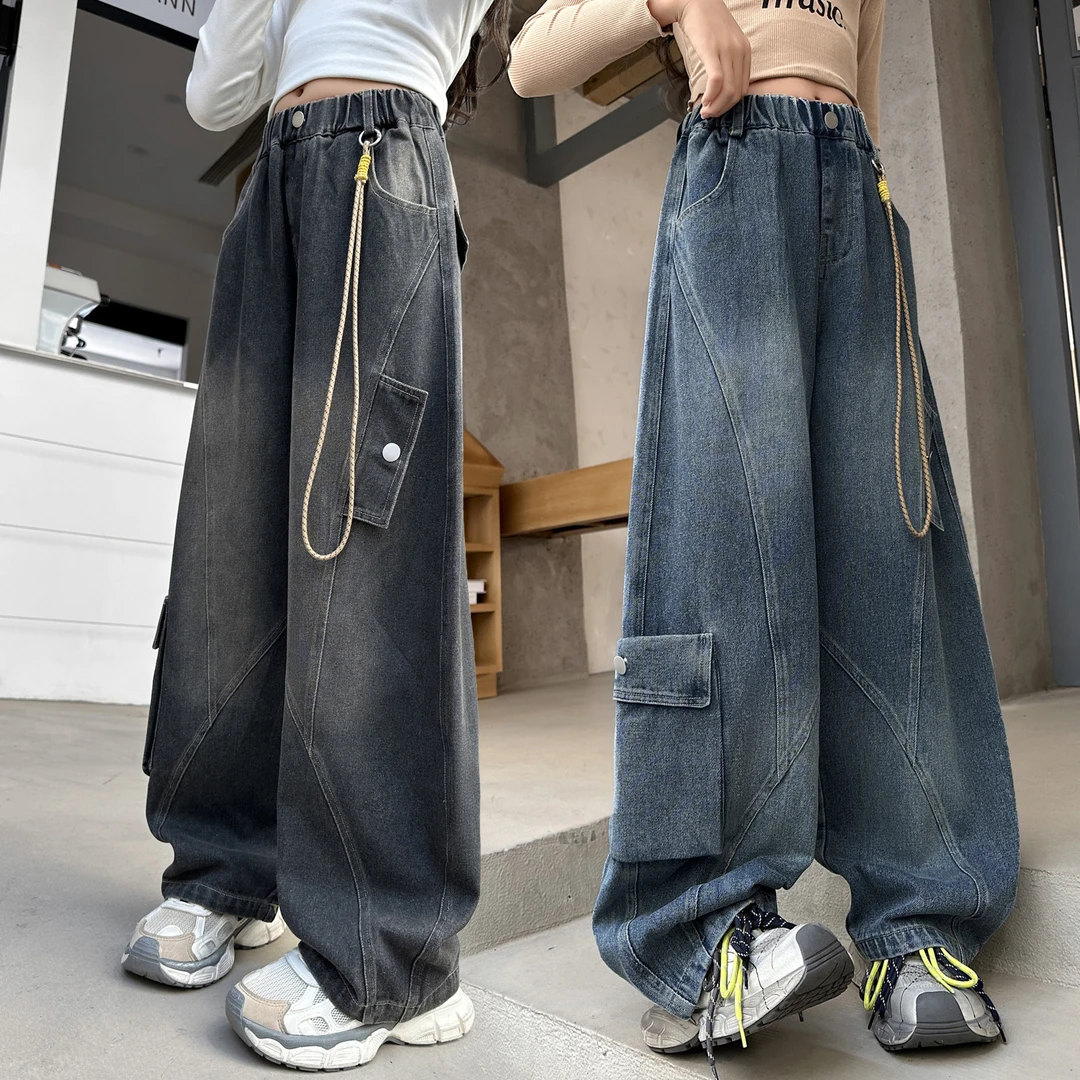 女童牛仔裤2025春秋大童宽松弯刀阔腿裤时髦洋气女孩秋装儿童裤子