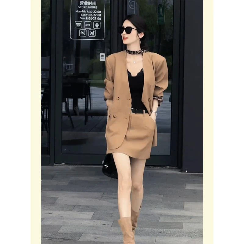 重要场合漂亮小香风休闲职业咖色豹纹拼接西装外套短裙套装女秋季