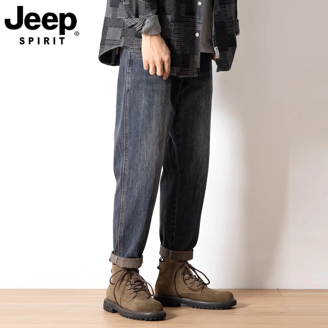 JEEPSPIRIT吉普春秋季哈伦牛仔裤男士复古做旧潮牌锥形休闲长裤