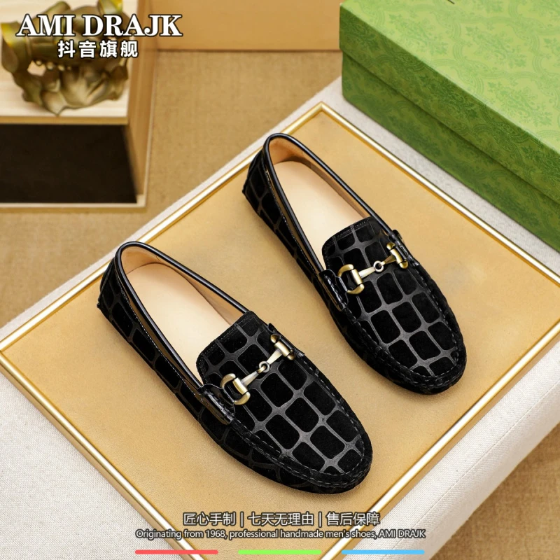 AMI DRAJK2025欧洲站豆豆鞋男时尚真皮反绒皮懒人鞋潮流金属扣休