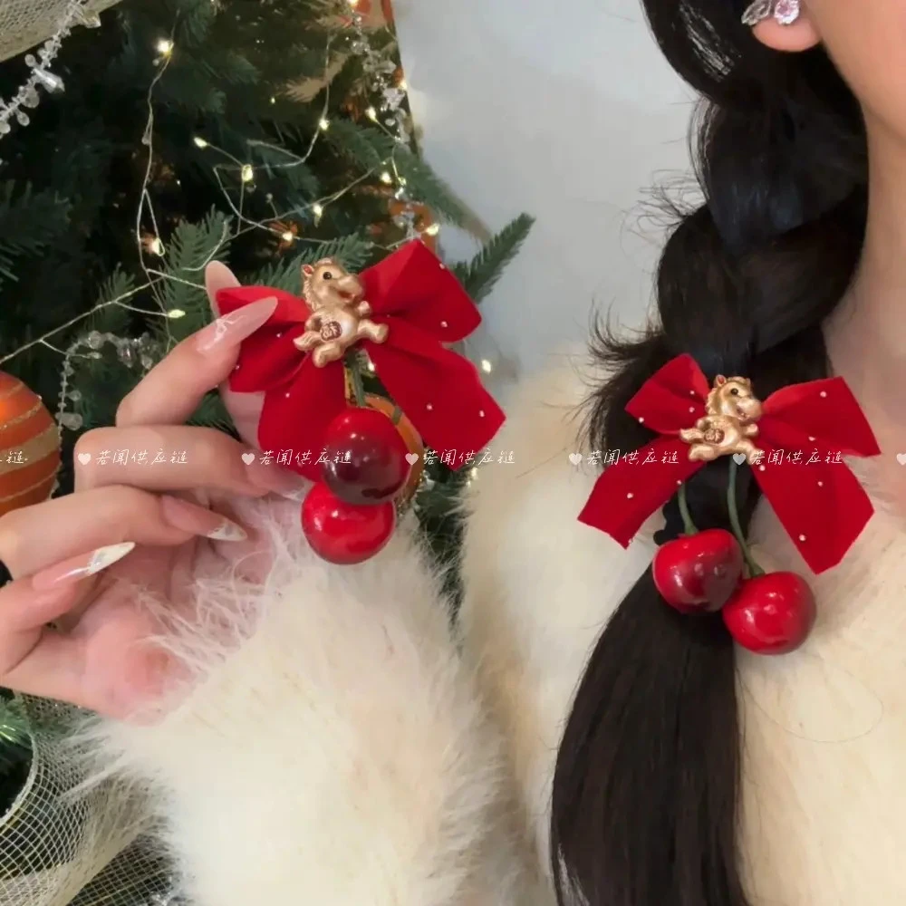 红色喜庆新年樱桃蝴蝶结发夹2026新款马年发卡刘海侧边夹过年发饰