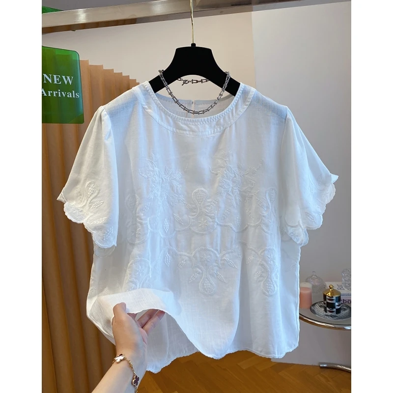 高端白色独特漂亮苎麻t恤女短袖2025新款宽松别致刺绣上衣夏新款