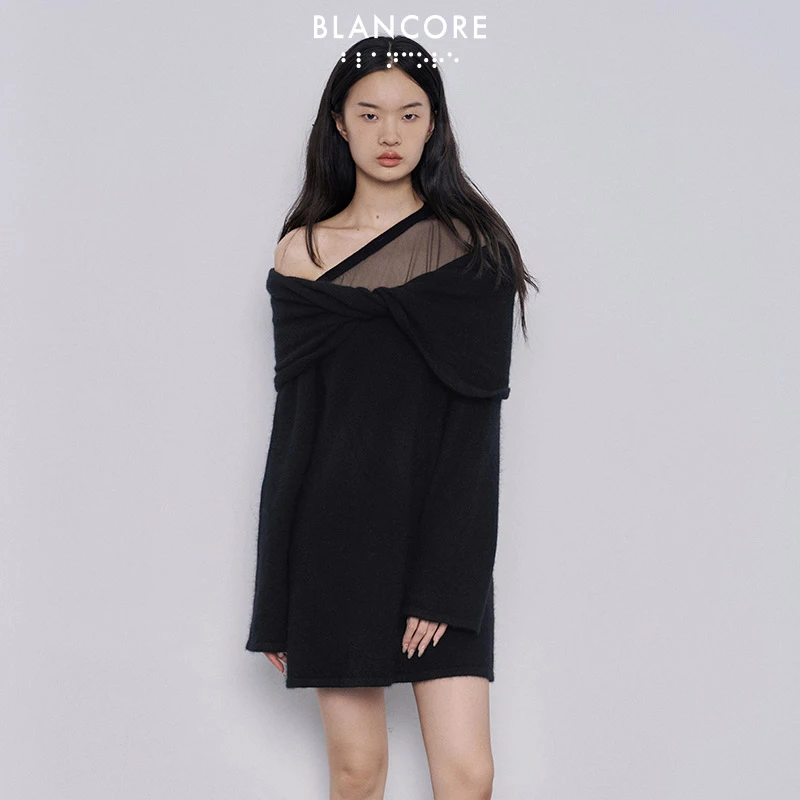 【设计师品牌BLANCORE】冬季新款慵懒不规则拼纱打纽中长毛衣