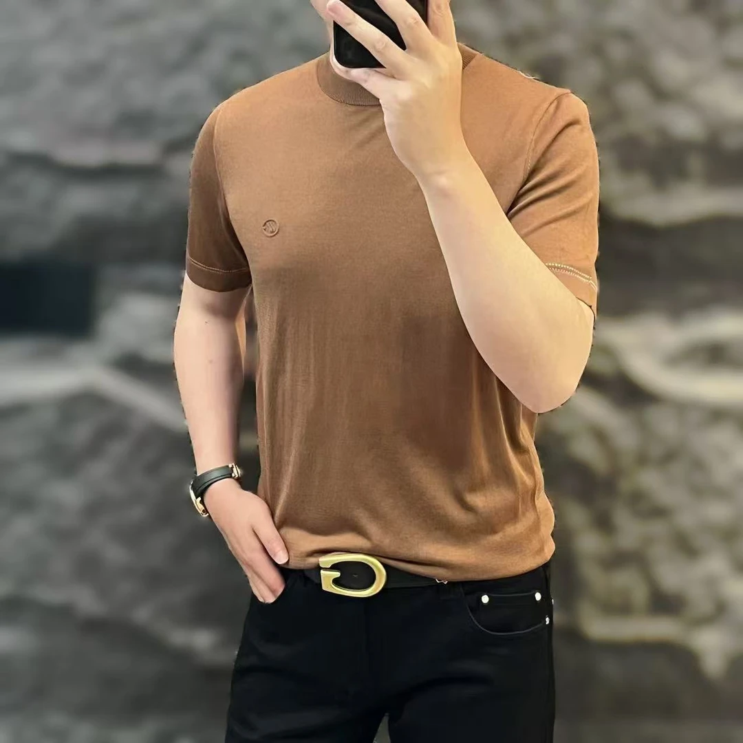 新款高端男士潮流百搭个性纯色休闲针织短袖T恤60093