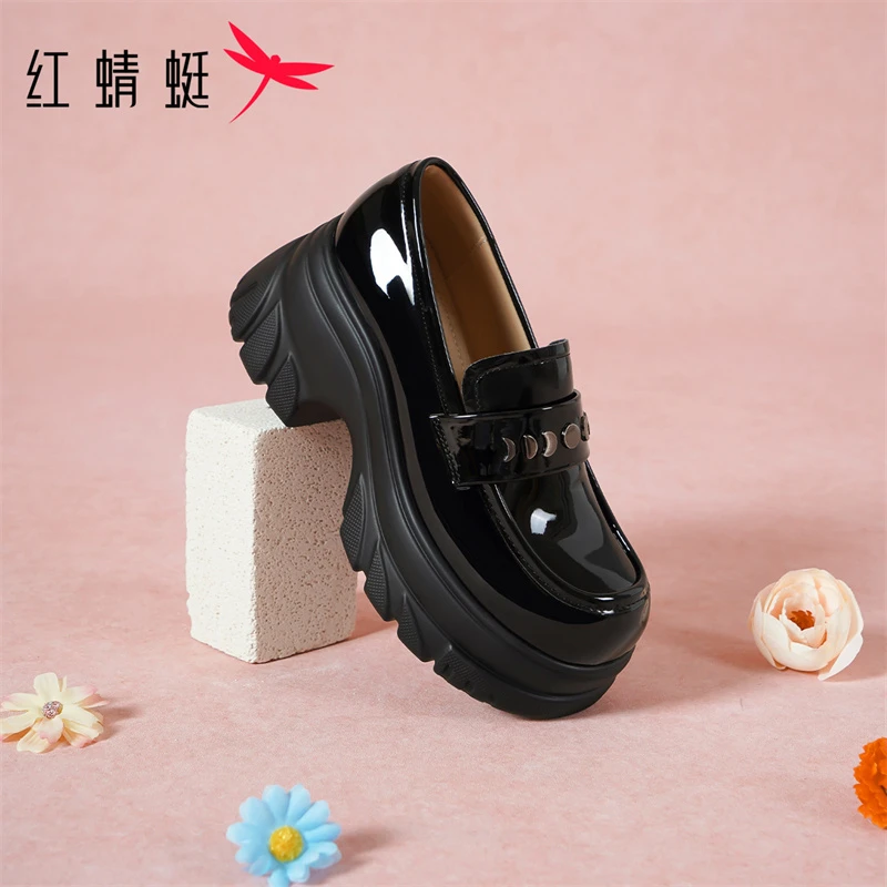 红蜻蜓2025新款欧货学院乐福鞋女厚底增高小个子小皮鞋一脚蹬女鞋