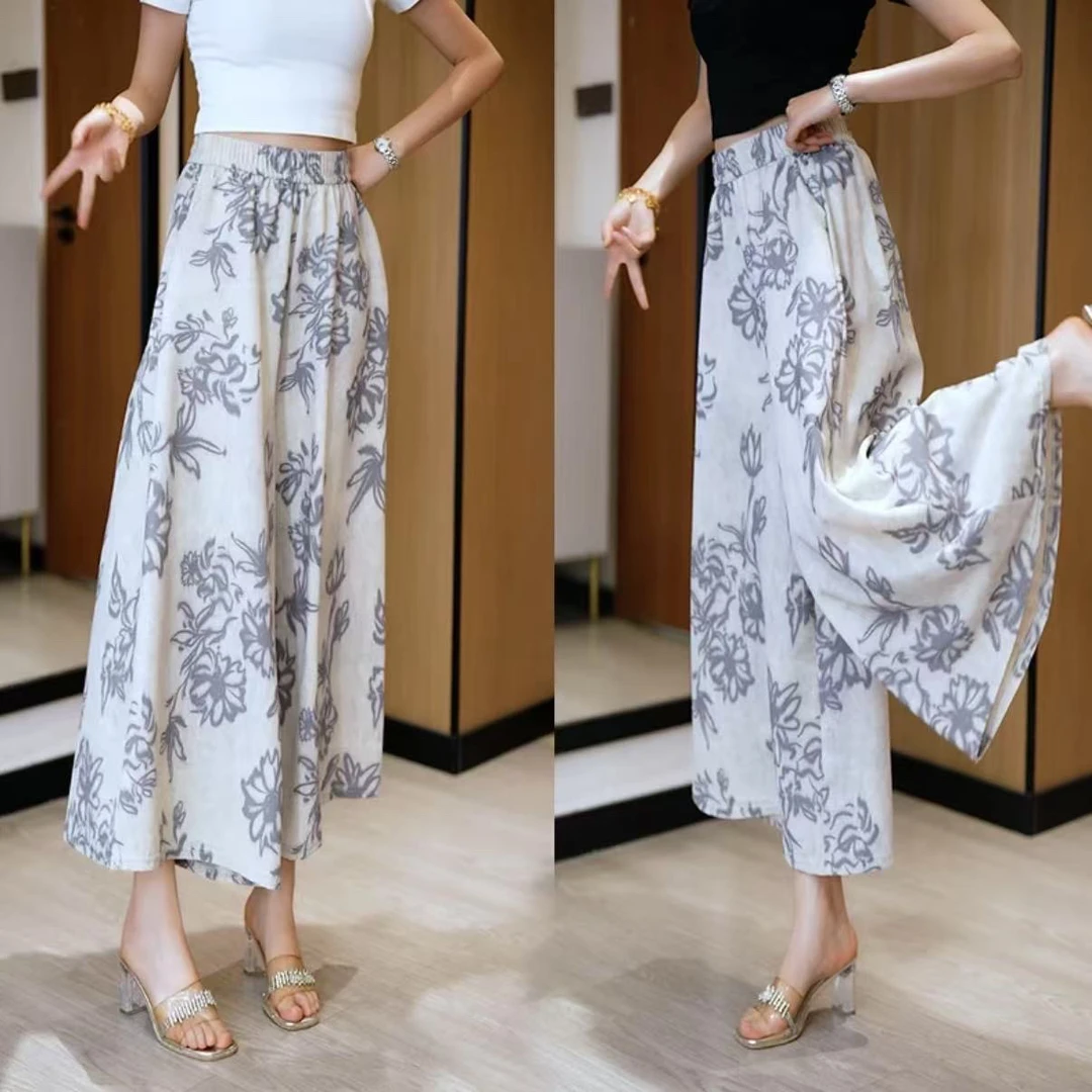 【现货高品质+运费险】复古印花冰丝裙裤女垂感显瘦松紧大码