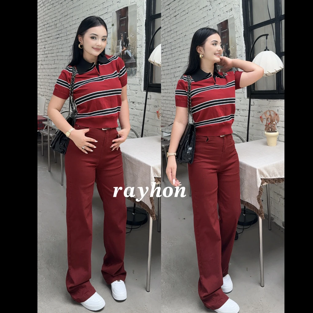 针织条纹韩版常规牛仔拼接短款POLO衫短袖欧若假日风