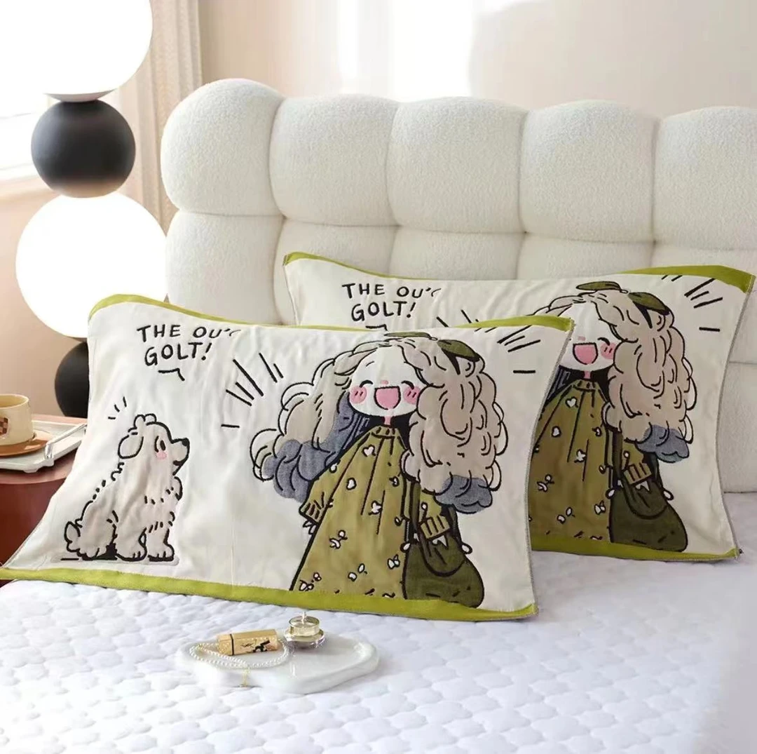 【豆丫头】直边52*78cm 加厚纱布成人枕巾一对装