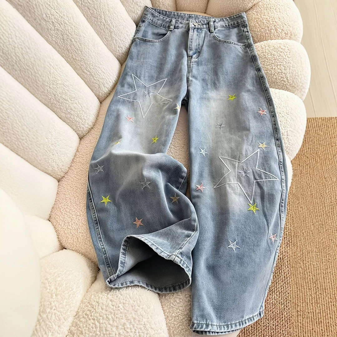 美式复古设计感星星刺绣高腰阔腿牛仔裤女秋季宽松显瘦拖地长裤子