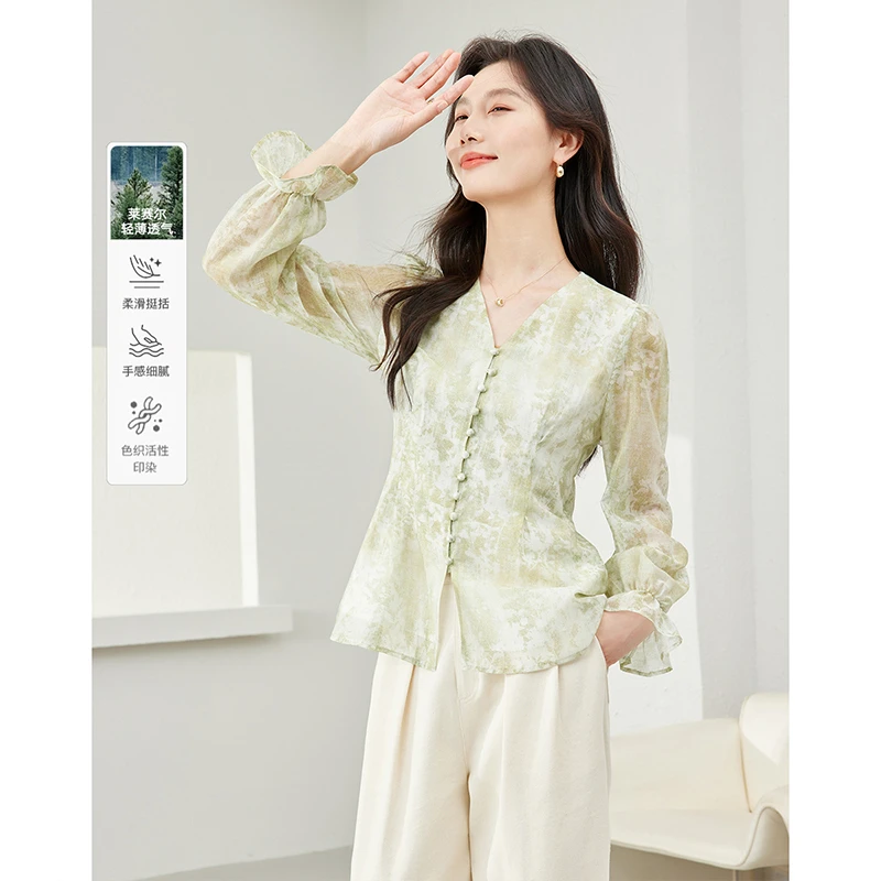 *法式V领雪纺衫女长袖2025新款宽松显瘦气质上衣休闲M6700
