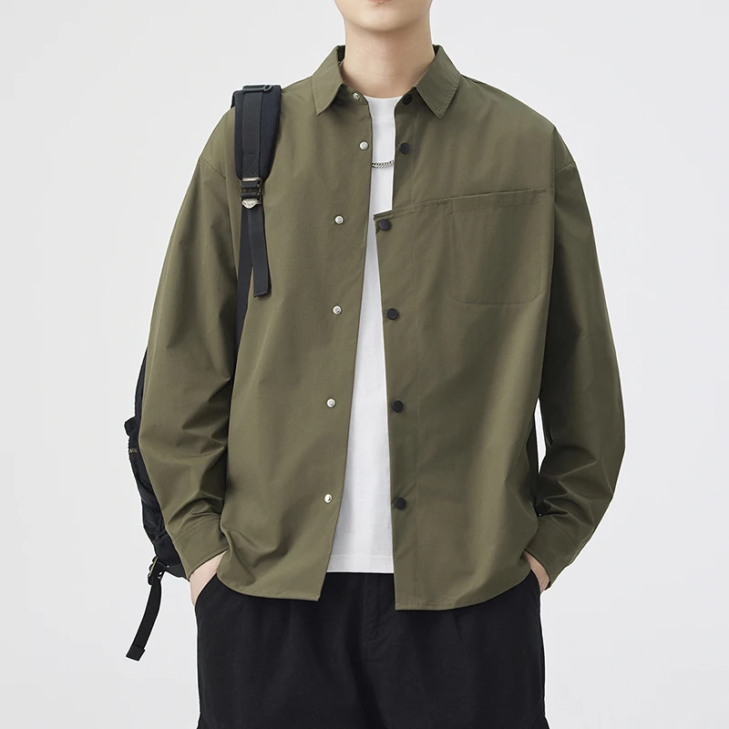 实拍2025秋季新款日系长袖衬衫男翻领不规则纽扣开衫潮流衬衣外套