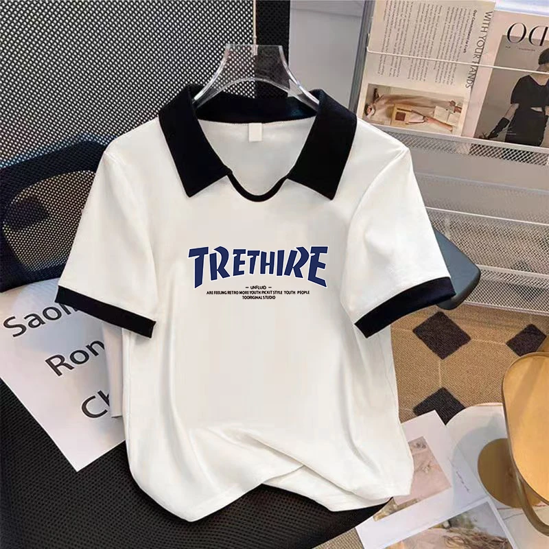 大码胖mm纯欲风辣妹修身显瘦短袖T恤女夏季韩版简约洋气翻领上衣