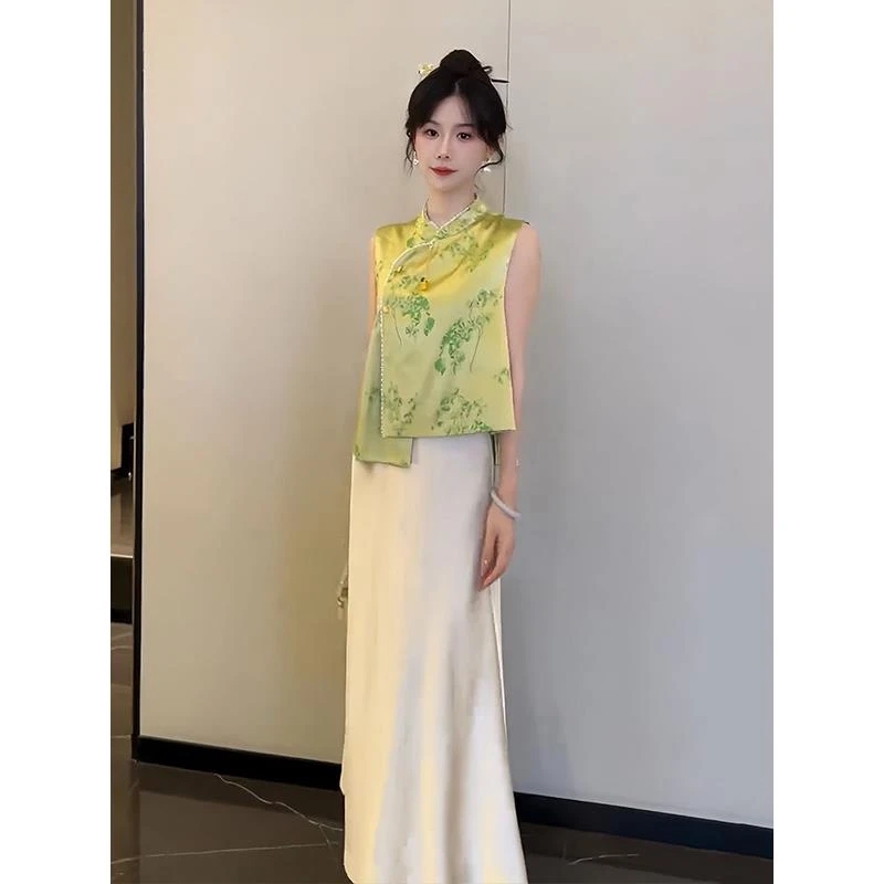 新中式国风套装女2025夏季新款复古气质提花无袖马甲半身裙两件套
