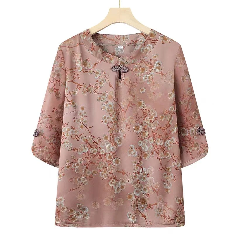 9223- 红 夏季新款新中式国风中袖盘口圆领妈妈装装上衣（A仓）