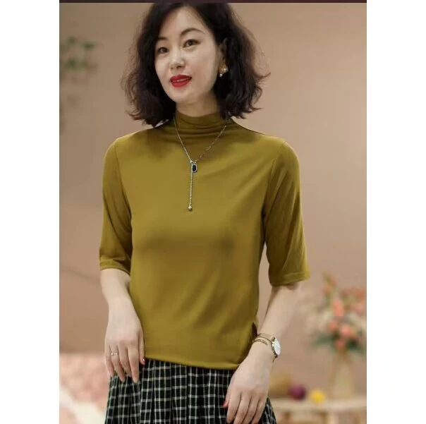 【涧蓝正品】半高领纯色中袖t恤女春季新款时尚大码修身打底衫上衣
